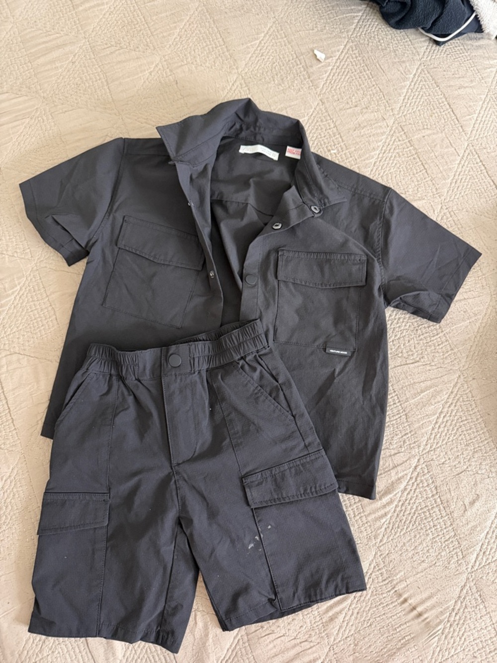 Black Short-Sleeve Cargo Shirt & Shorts Set
